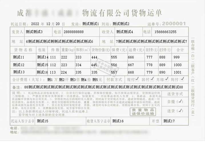 excel或wps软件物流公司货物运单套打模板